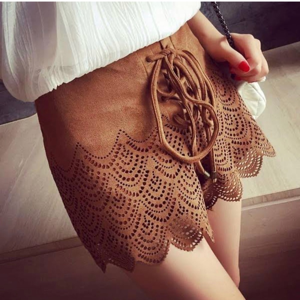 SAYLOR Tan Laser-Cut Lace-Up Suede Women’s Shorts
